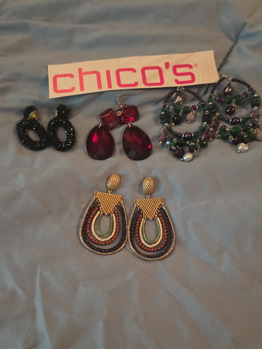 Chico's Gold Multi-Color Beaded Teardrop Earrings